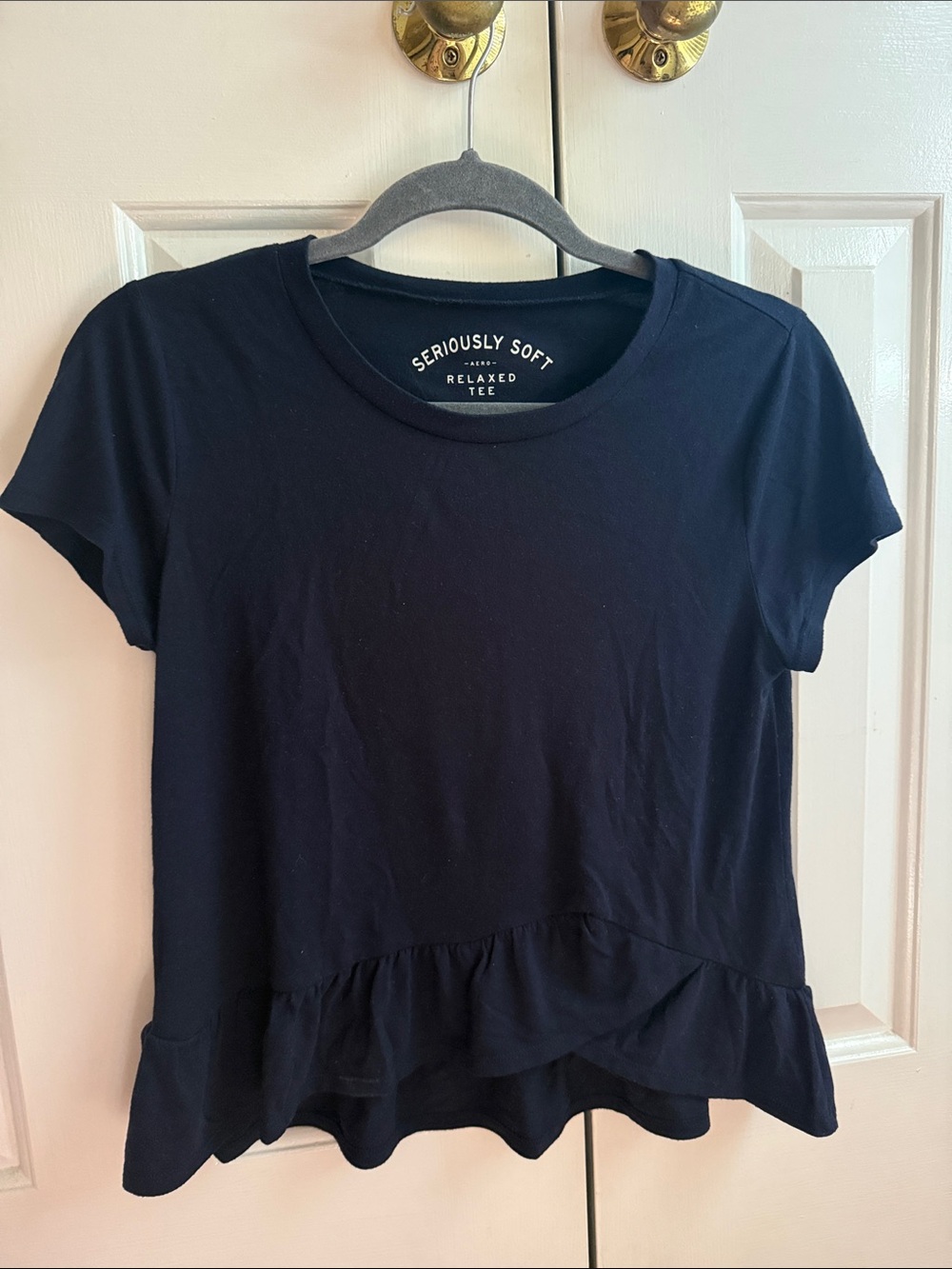 Navy Blue Relaxed Tee with Ruffle Hem